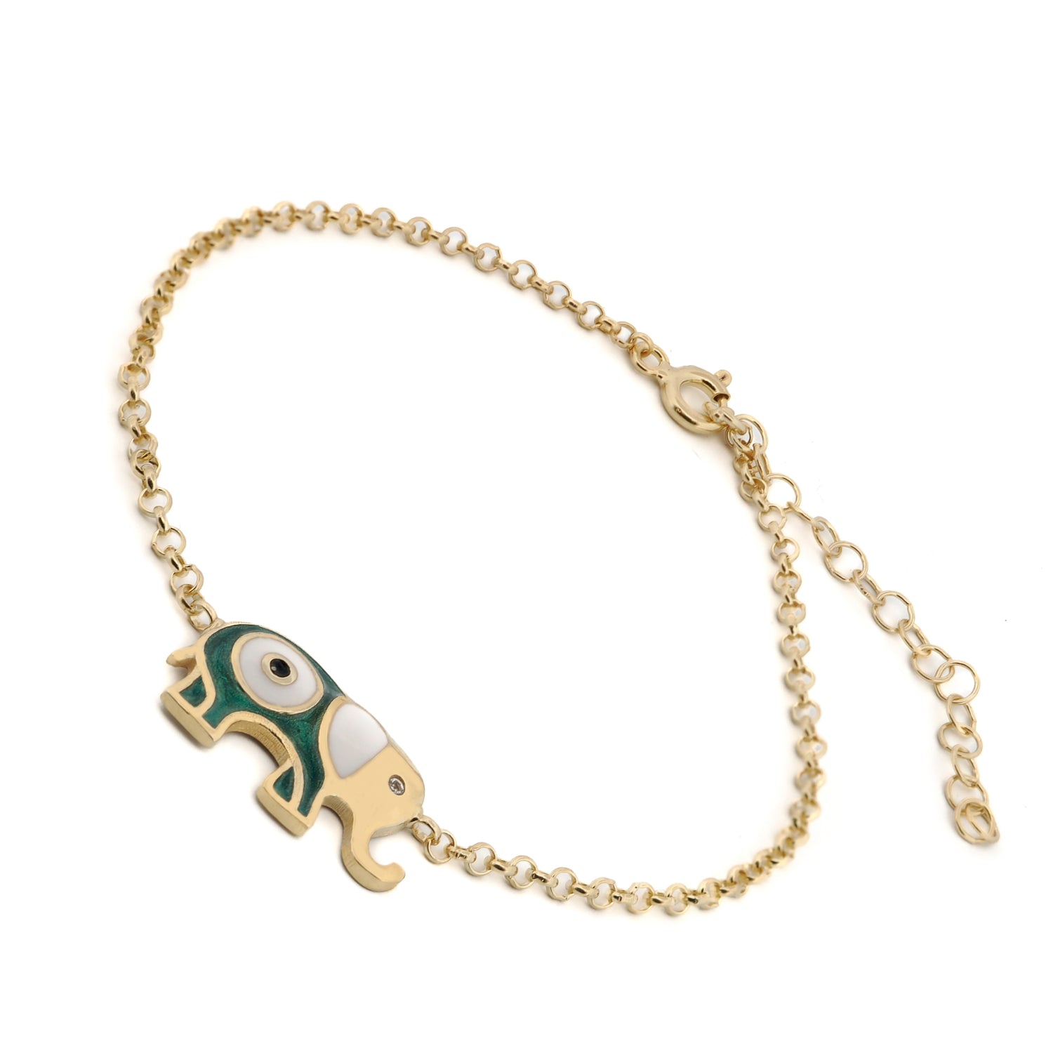 Wishful Elephant Bracelet with Evil Eye and Green Enamel for Positive Energy