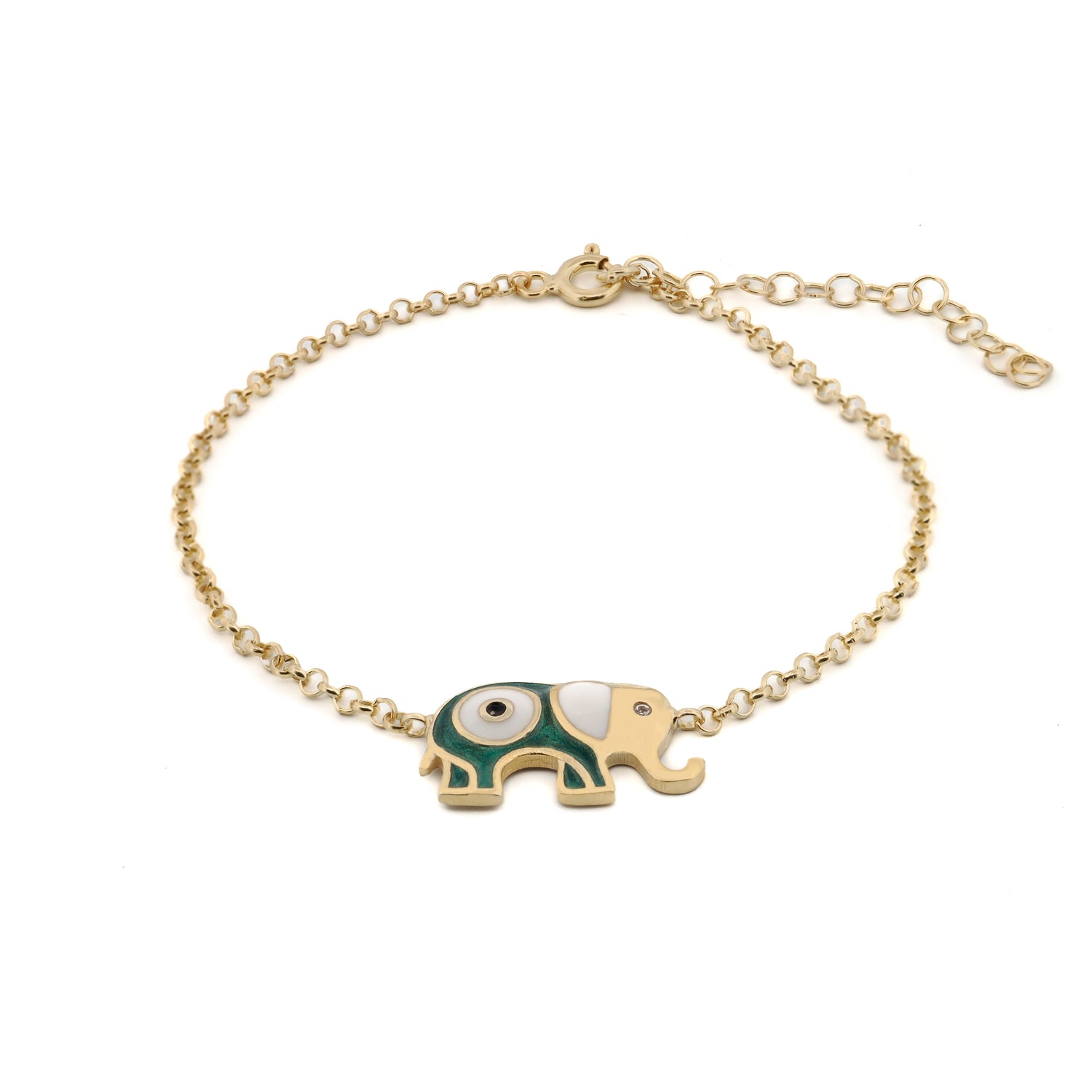 Wishful Elephant & Evil Eye Green Enamel Gold Chain Bracelet for Protection and Luck