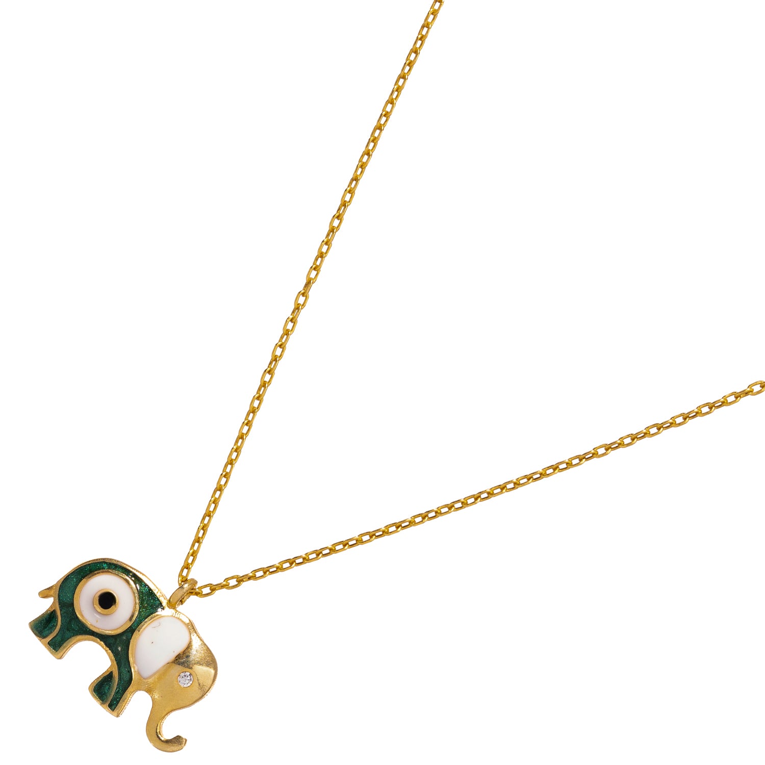 Gold Necklace with Green Enamel Elephant and Evil Eye for Good Luck and Positive Energy