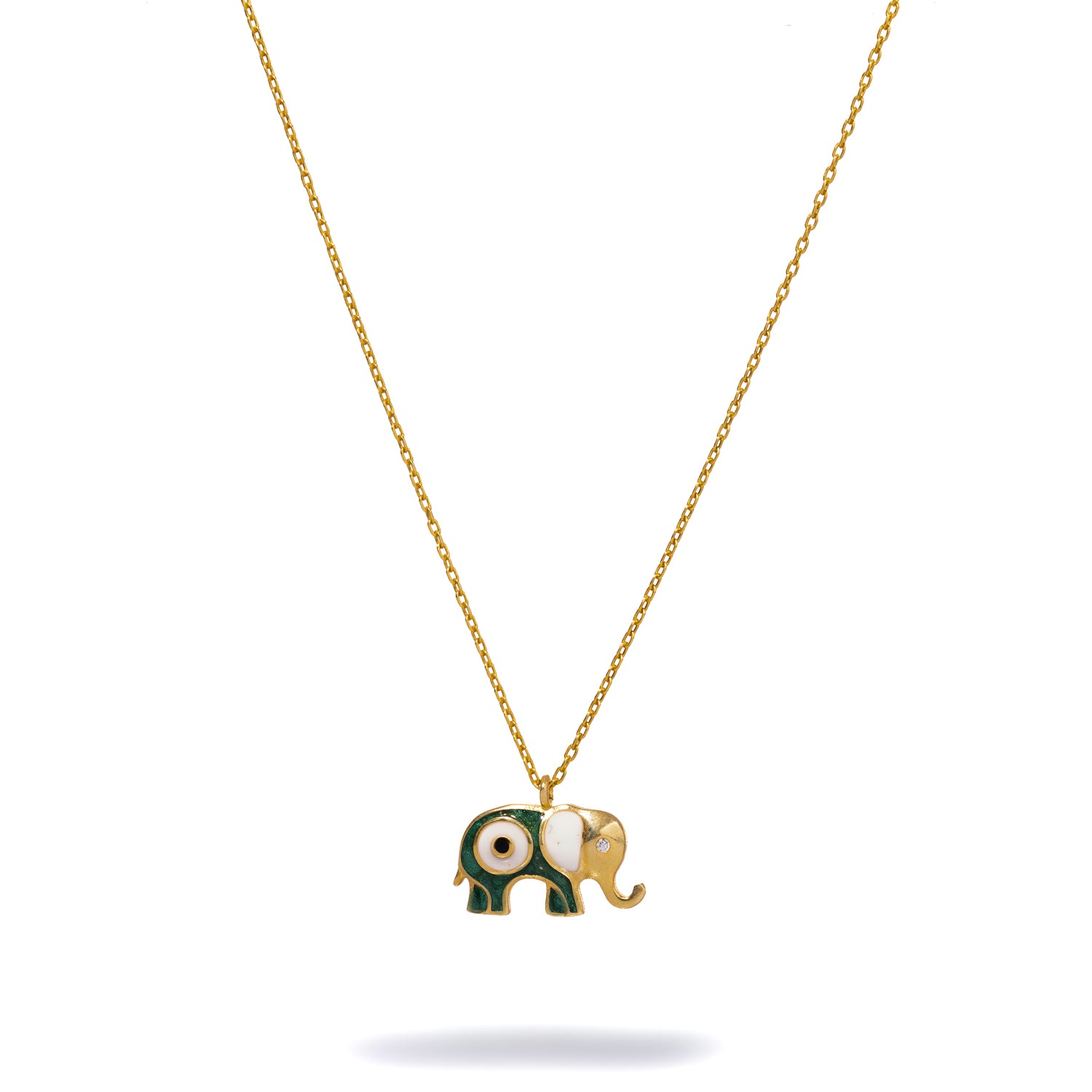 Handcrafted 18K Gold Necklace with Green Enamel Elephant and Evil Eye for Good Fortune