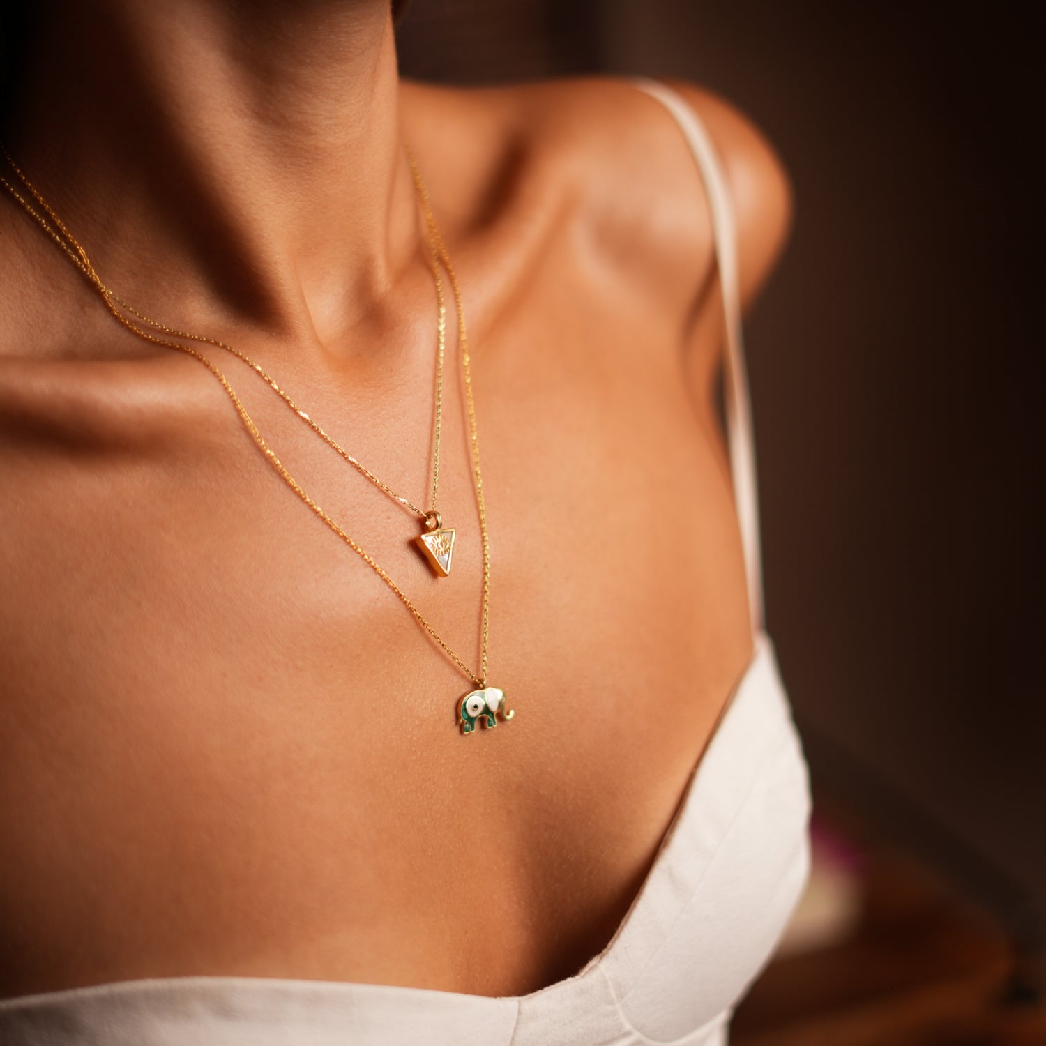 Green Enamel Elephant Necklace with Evil Eye in 18K Gold for Spiritual and Stylish Protection