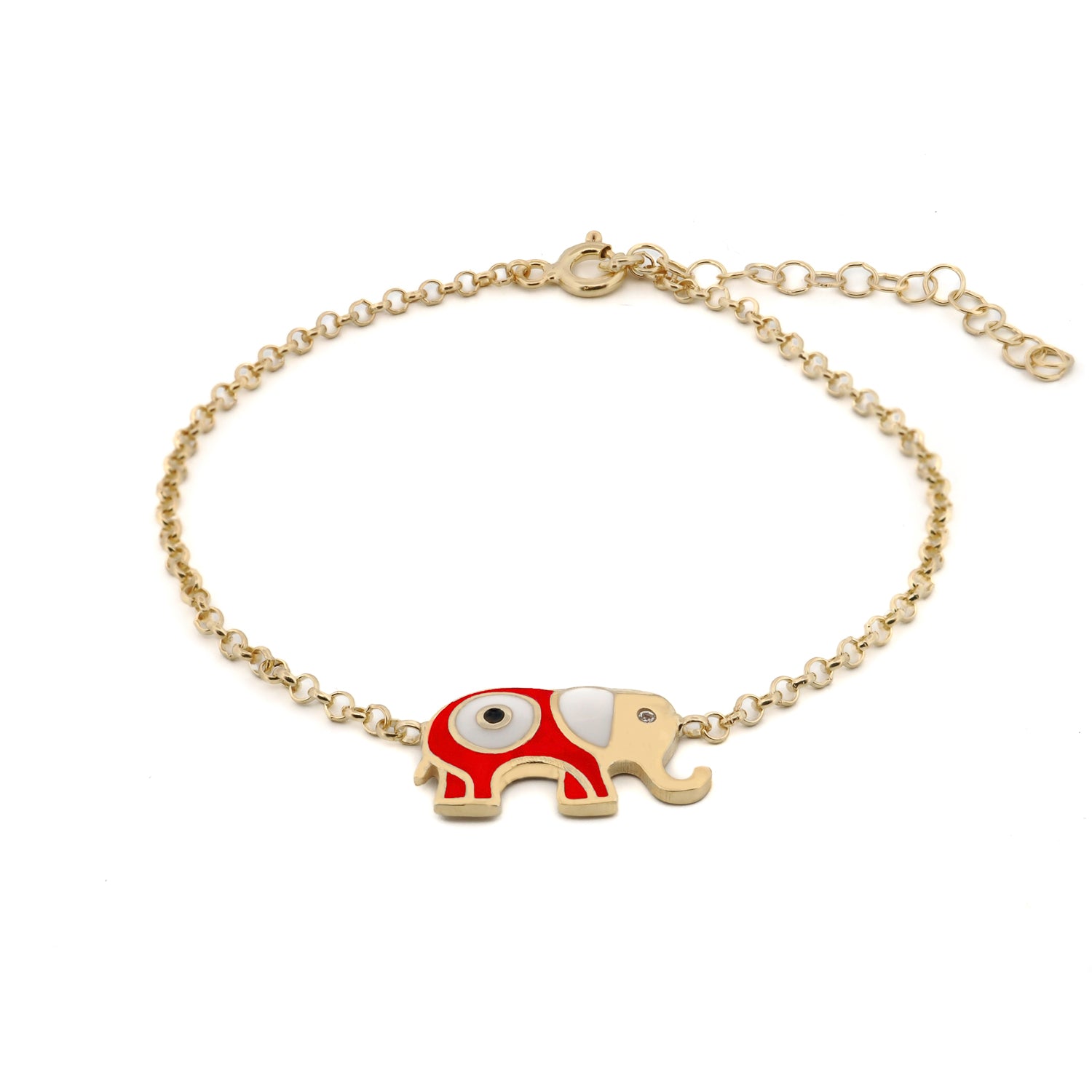 18K Gold-Plated Sterling Silver Bracelet with Red and White Enamel Elephant Charm