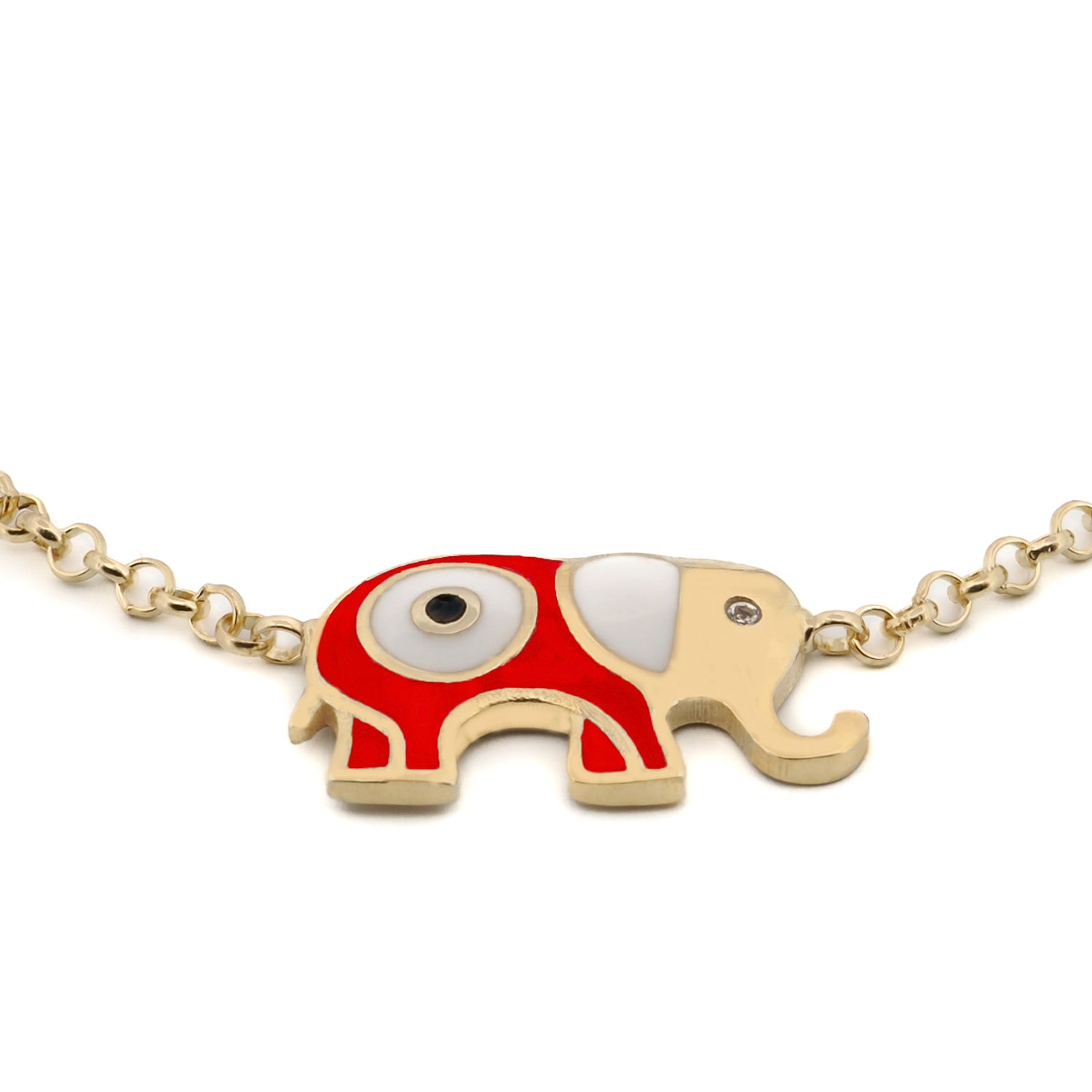 Gold Chain Bracelet with Red and White Enamel Elephant Charm and Evil Eye Symbol
