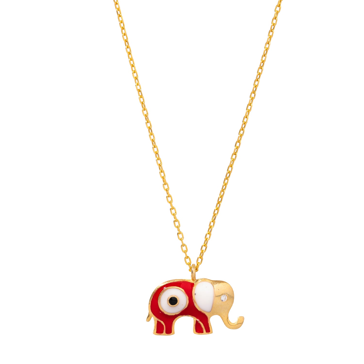Minimalist Gold Necklace with Red Enamel Elephant Pendant and Evil Eye for Good Fortune
