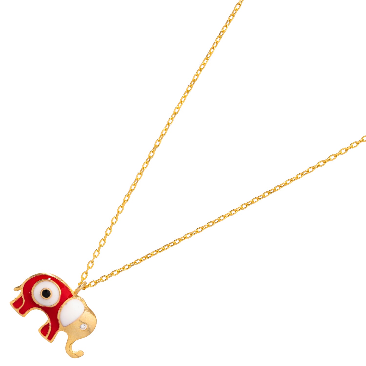 Gold Necklace with Elephant Pendant and Evil Eye in Red Enamel for Good Luck and Protection