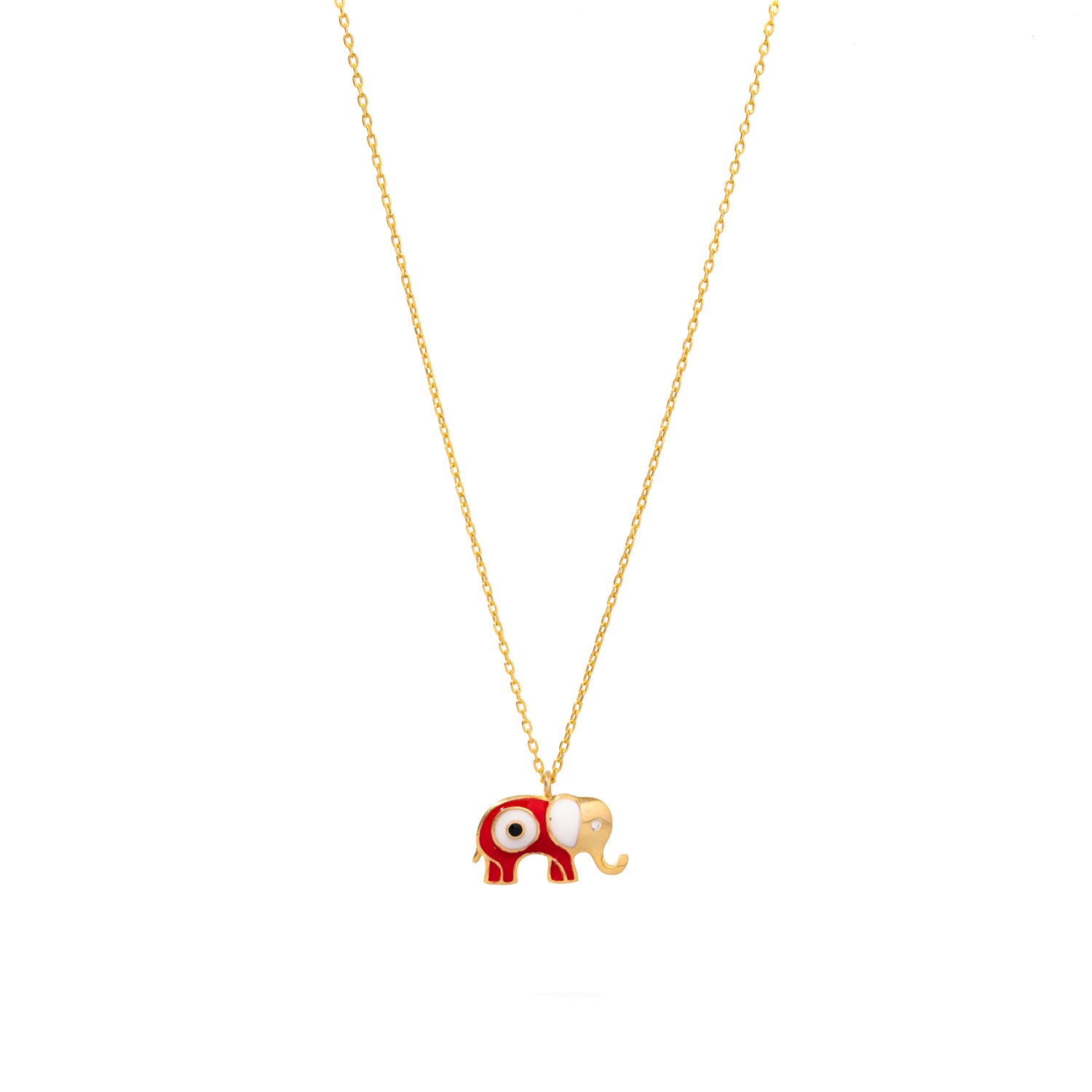 Red Enamel Elephant Necklace with Evil Eye in 18K Gold for Protection, Luck, and Elegance