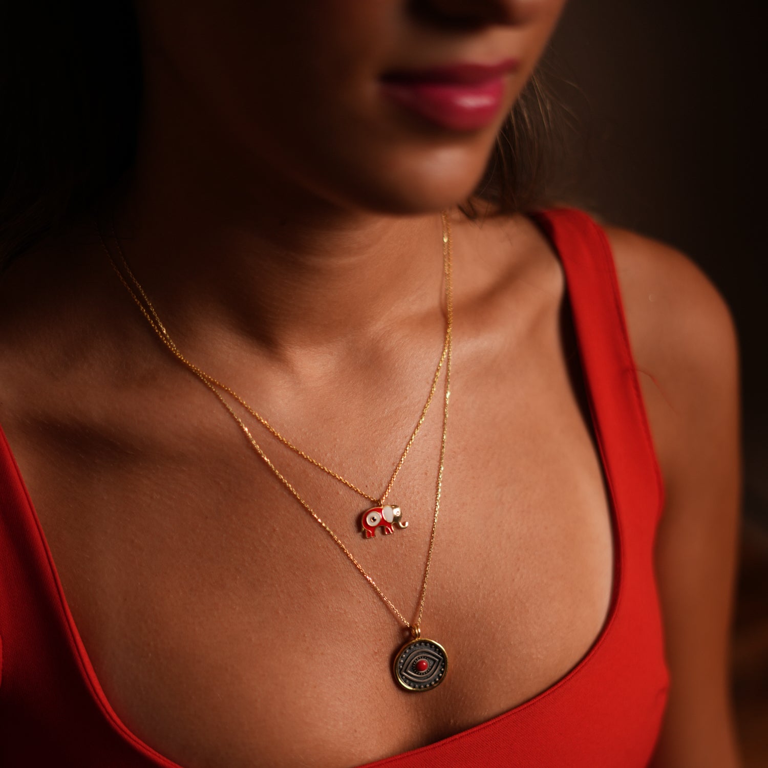 18K Gold-Plated Necklace with Red Enamel Elephant and Evil Eye for Spiritual Protection and Luck