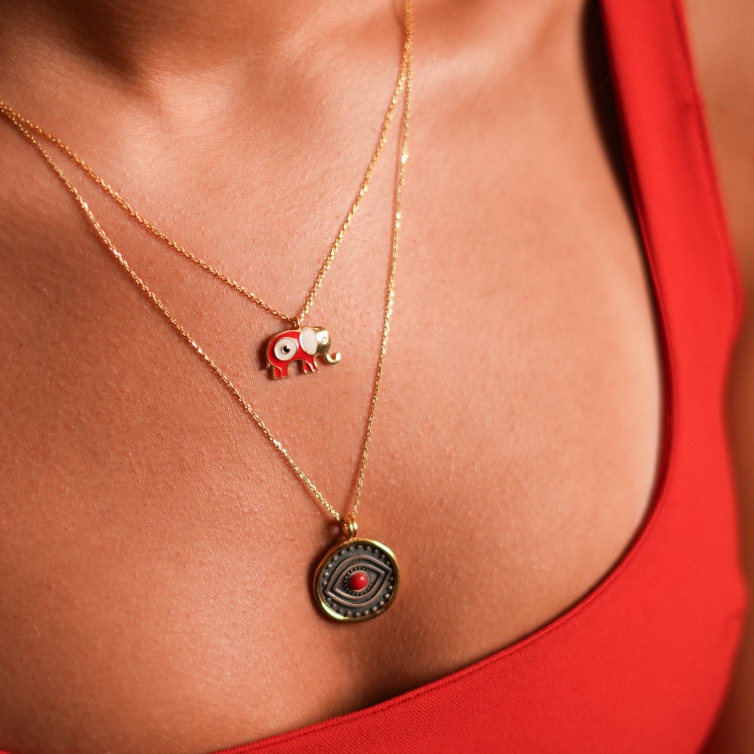18K Gold Necklace with Red Enamel Elephant and Evil Eye for a Stylish Symbol of Protection