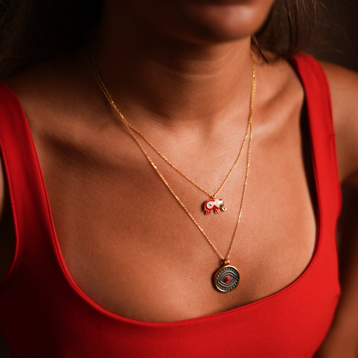 Handmade Gold Necklace with Red Enamel Elephant and Evil Eye for Positive Energy and Spiritual Meaning