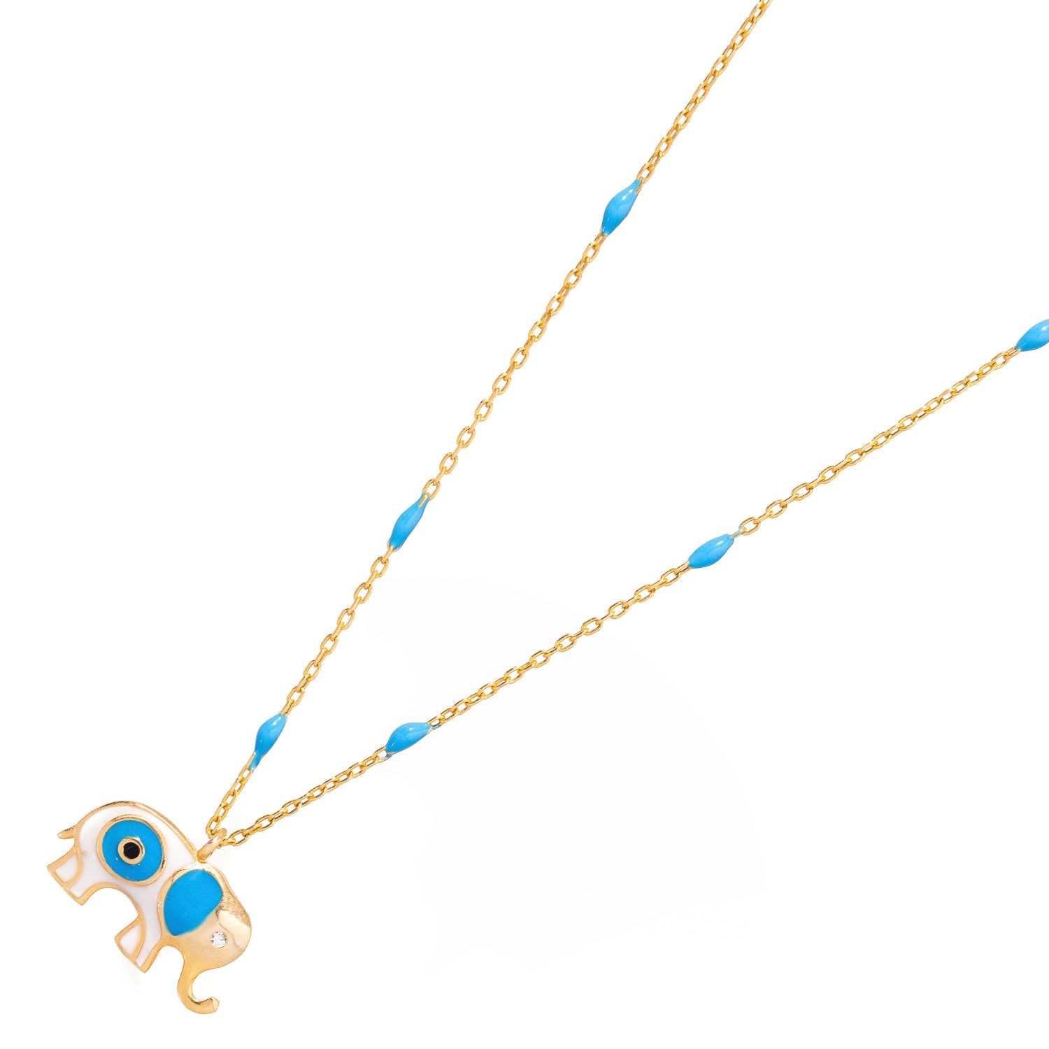 Handmade Gold Necklace with Turquoise Enamel Elephant and Evil Eye for Positive Energy and Elegance