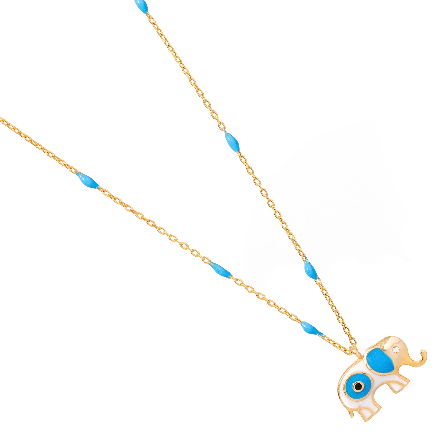 Gold Necklace with Elephant Pendant and Turquoise Enamel for a Symbol of Spiritual Luck and Protection