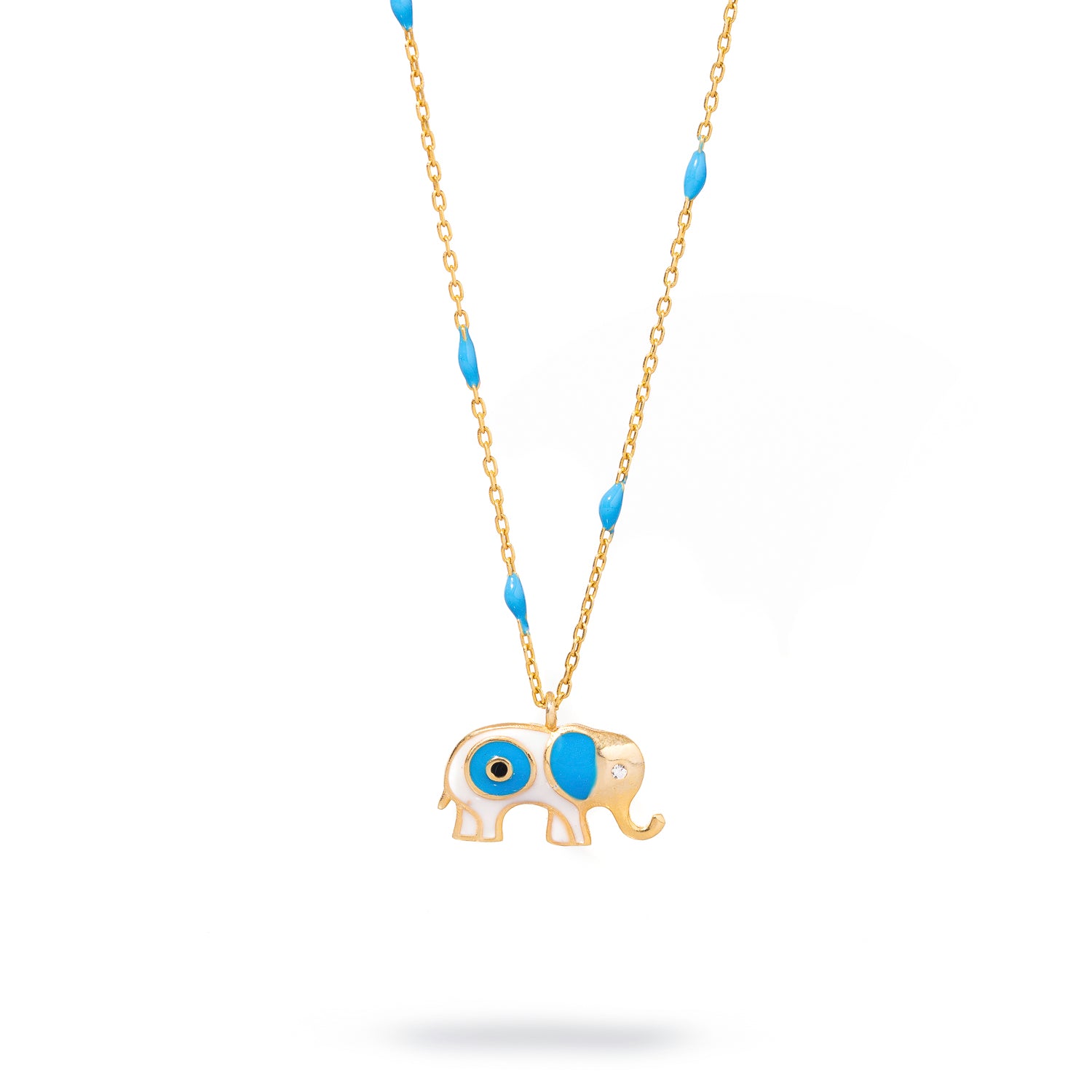 18K Gold-Plated Necklace with Turquoise Enamel Elephant and Evil Eye Symbol for Spiritual Protection