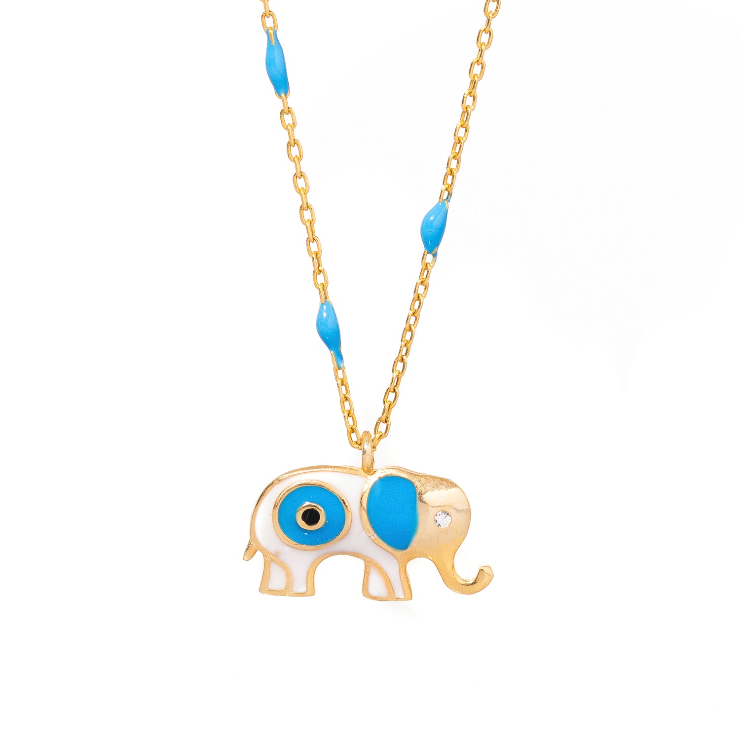 18K Gold Necklace with Turquoise Enamel Elephant and Evil Eye for Luck and Spiritual Meaning