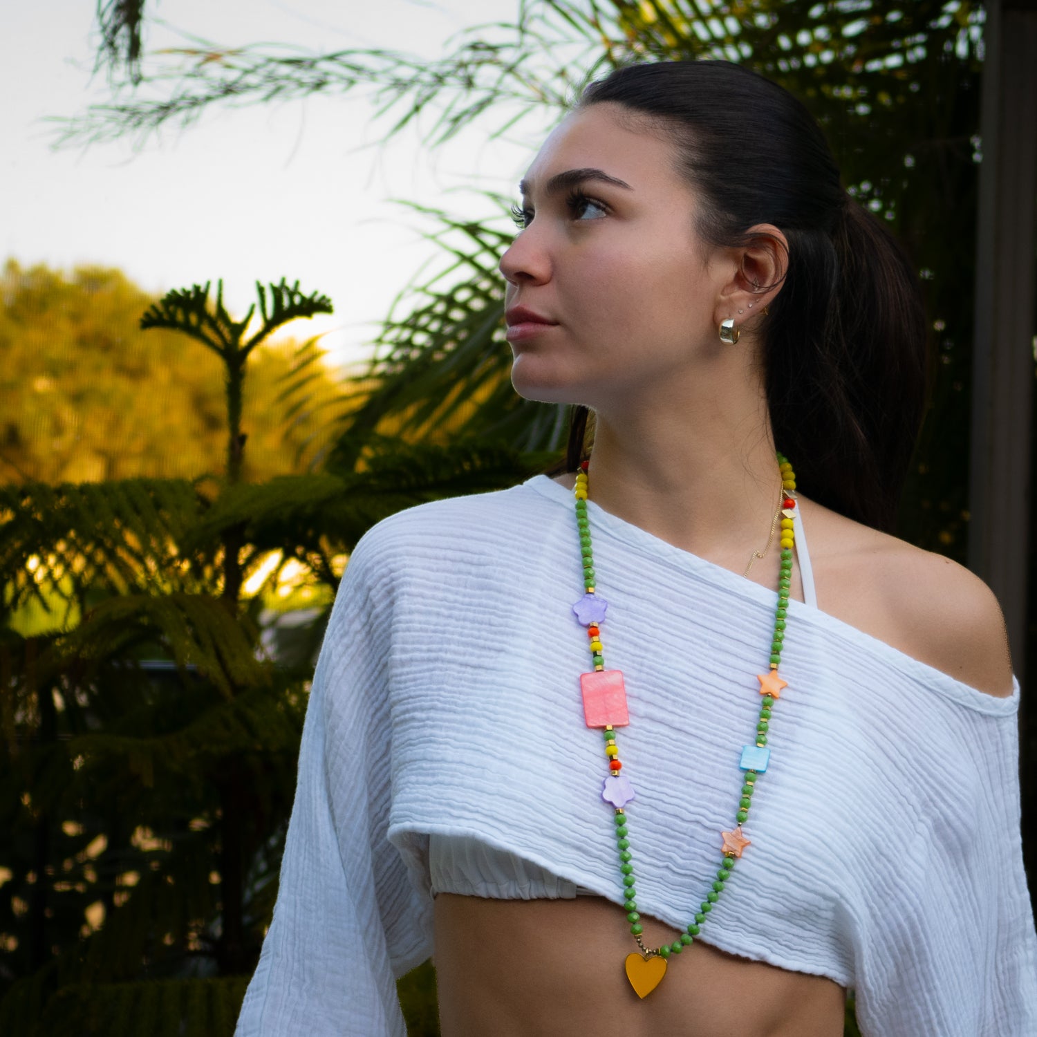 Summer Vibes Necklace with Yellow Enamel Heart, Crystal, and Pearl Beads, and Gold Accents