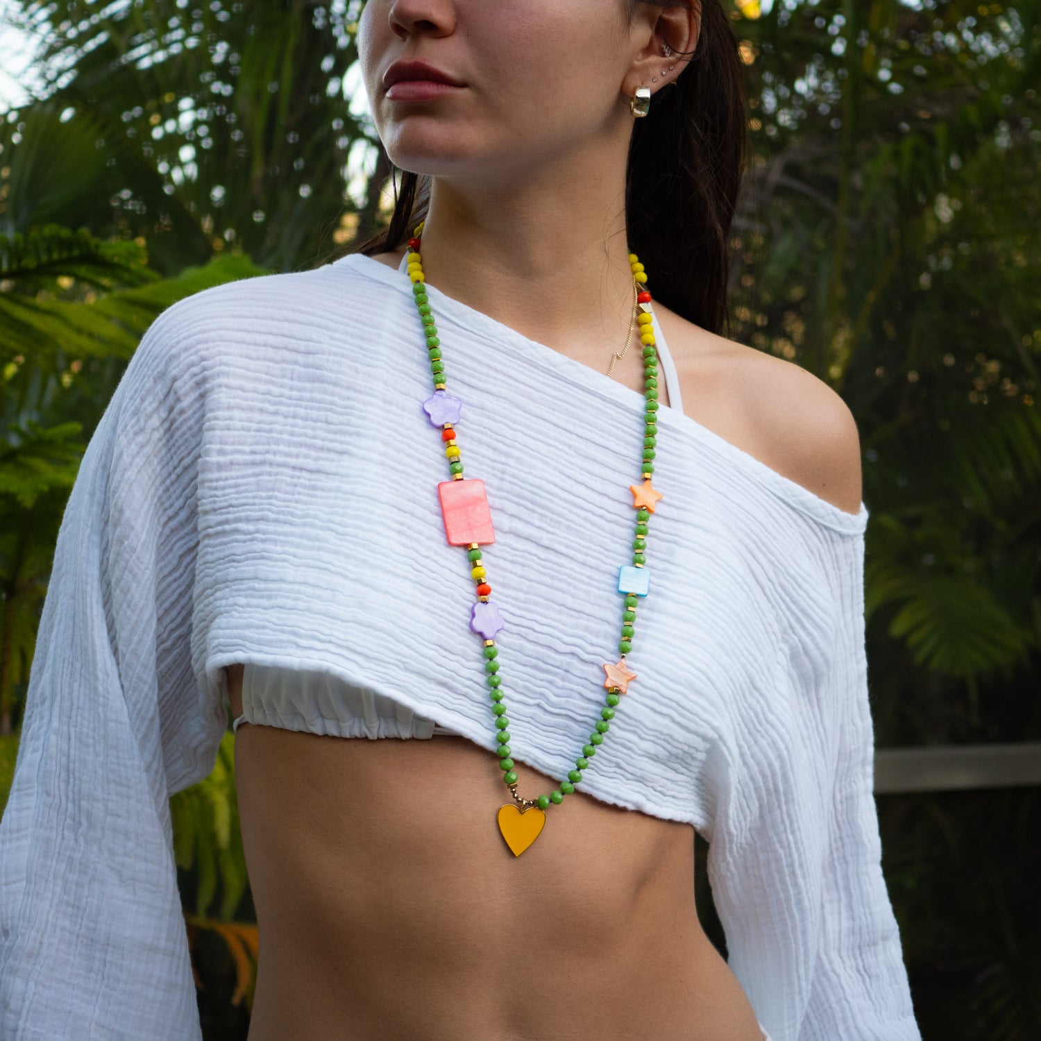 Handmade Summer Vibe Necklace with Yellow Enamel Heart and Multicolor Crystal Beads