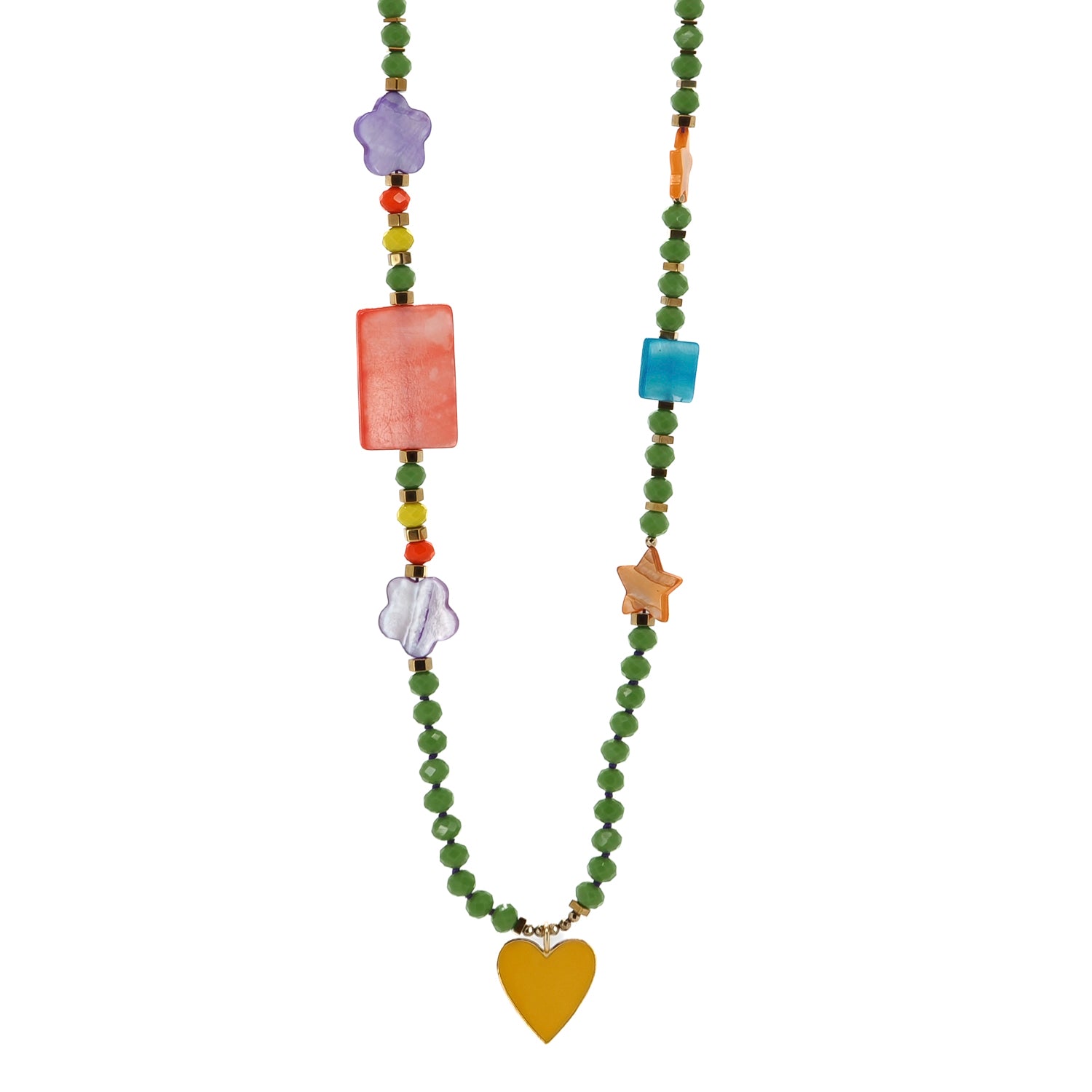Gold-Plated Heart Pendant Necklace with Colorful Beads and Flower, Star, Square Pearl Beads