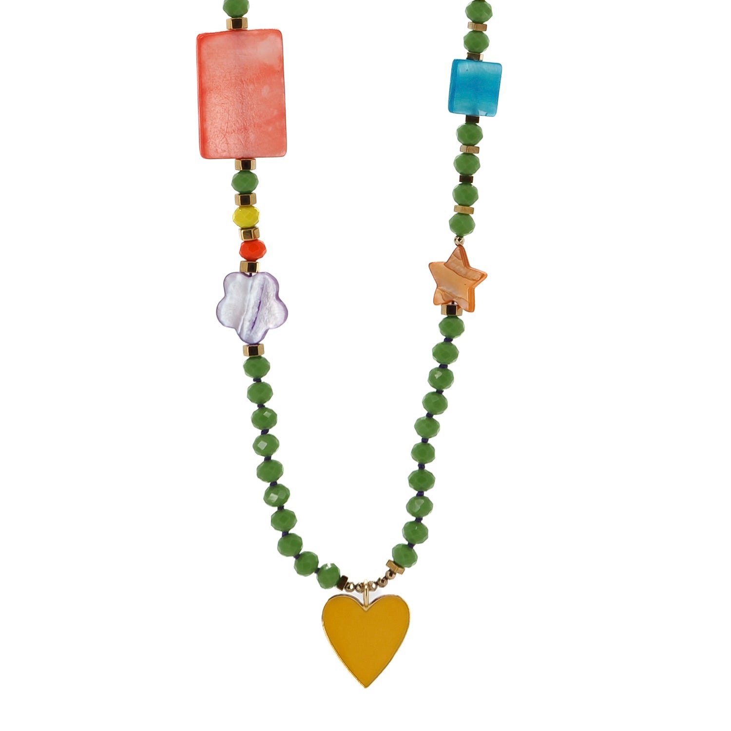 Vibrant Yellow Heart Pendant with Crystal Beads and Gold Hematite Spacers Necklace
