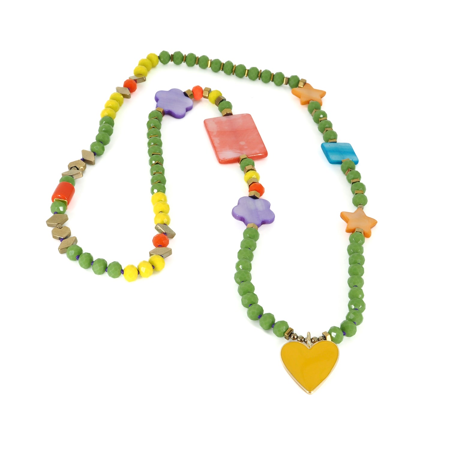 Colorful Summer Necklace with Yellow Heart Pendant, Crystal Beads, and Gold Hematite Spacers