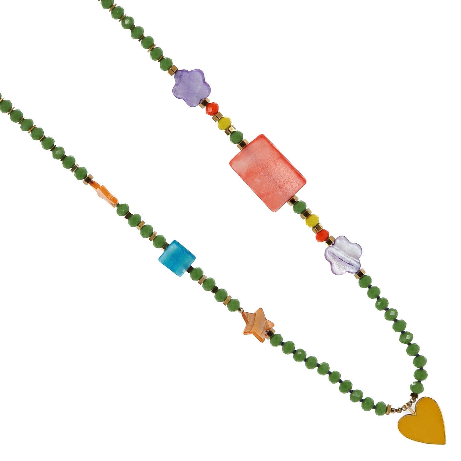 Vibrant Crystal Beaded Necklace with Yellow Heart Pendant, Gold Hematite, and Playful Pearls