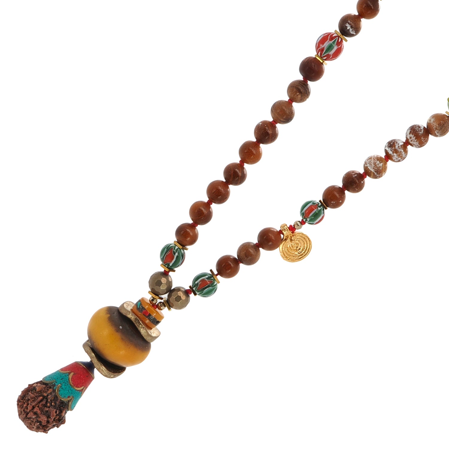 Yoga and Meditation Necklace with Wooden Beads, Gold Charm Spacers, and Rudraksha Pendant for Tranquility