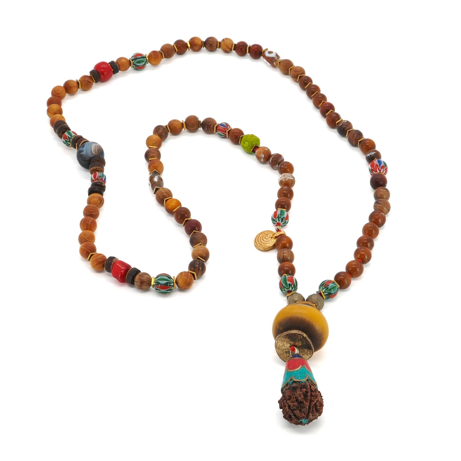 Meditation Necklace with Wooden, Coral, and African Beads, Featuring Lapis and Turquoise Inlay Pendant