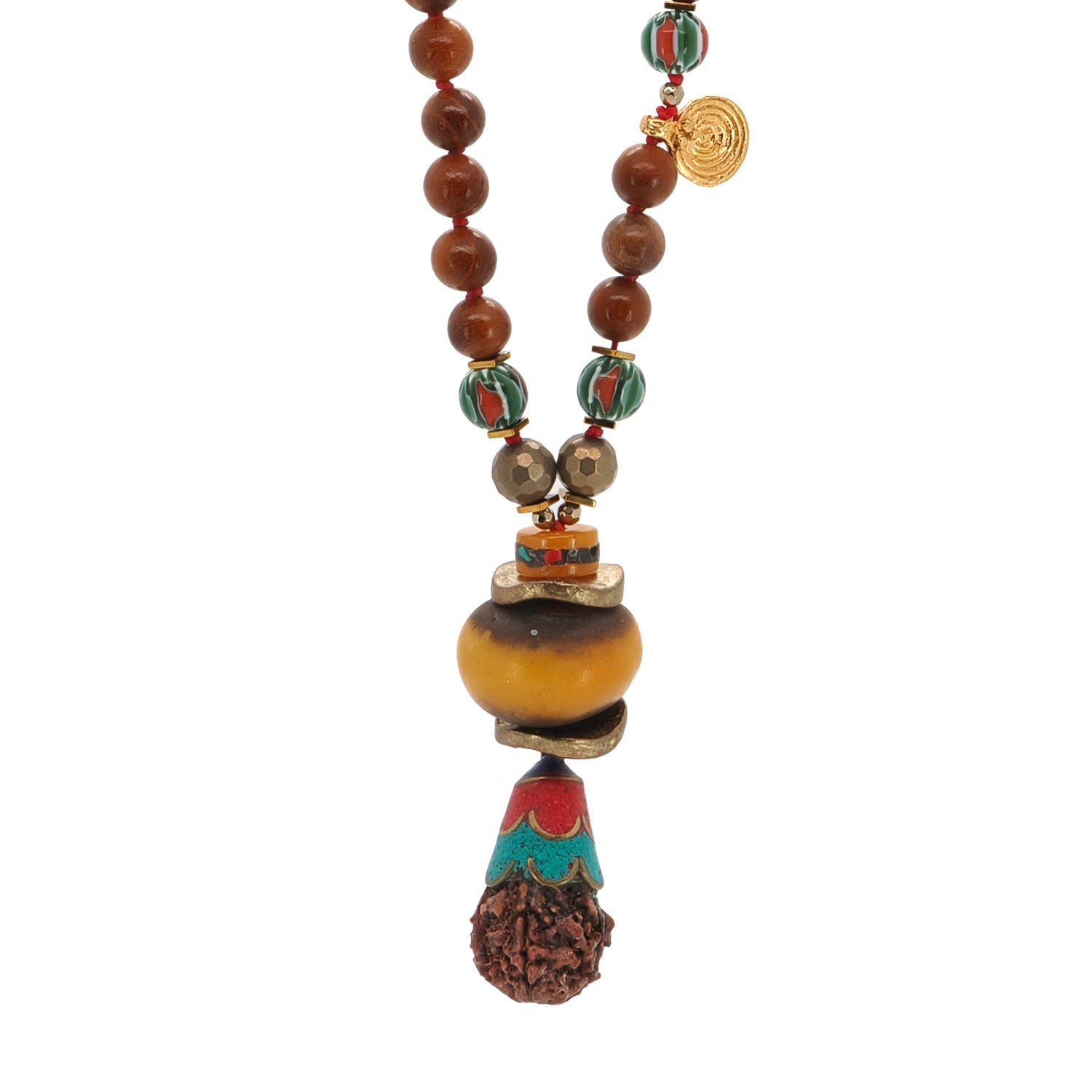 Handmade Zen Harmony Meditation Necklace with Wooden Beads, Red Coral, and African Beads for Peace