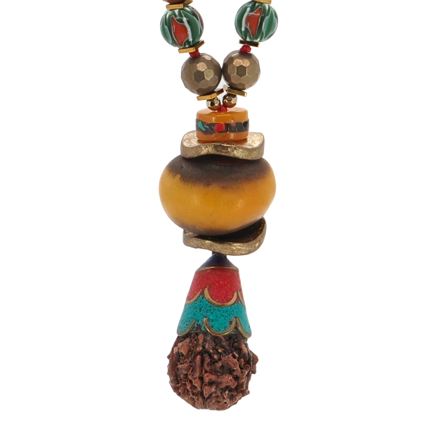 Bohemian Meditation Necklace with Wooden Beads, Red Coral, and Spiritual Buddha and Rudraksha Pendant