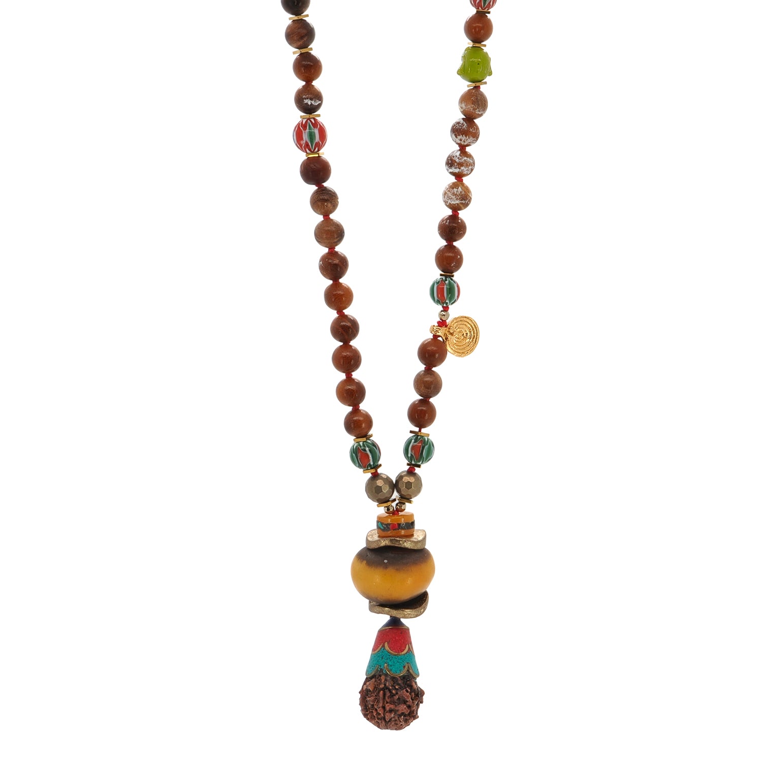 Handcrafted Spiritual Necklace with Lapis, Coral, and Turquoise Inlay Meditation Pendant and Buddha Beads