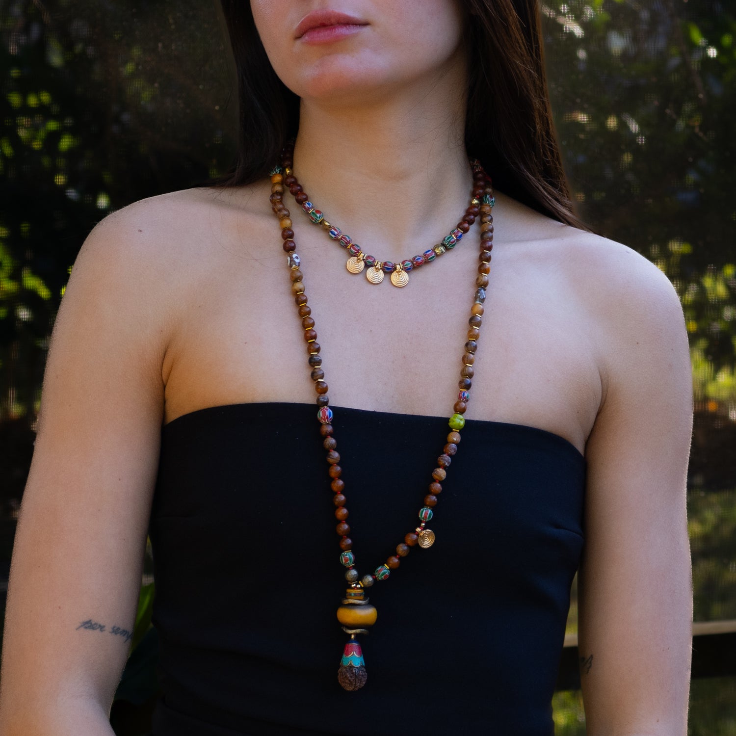 Zen Harmony Necklace for Yoga Lovers, Featuring Wooden, Coral, and African Beads with Lapis Pendant