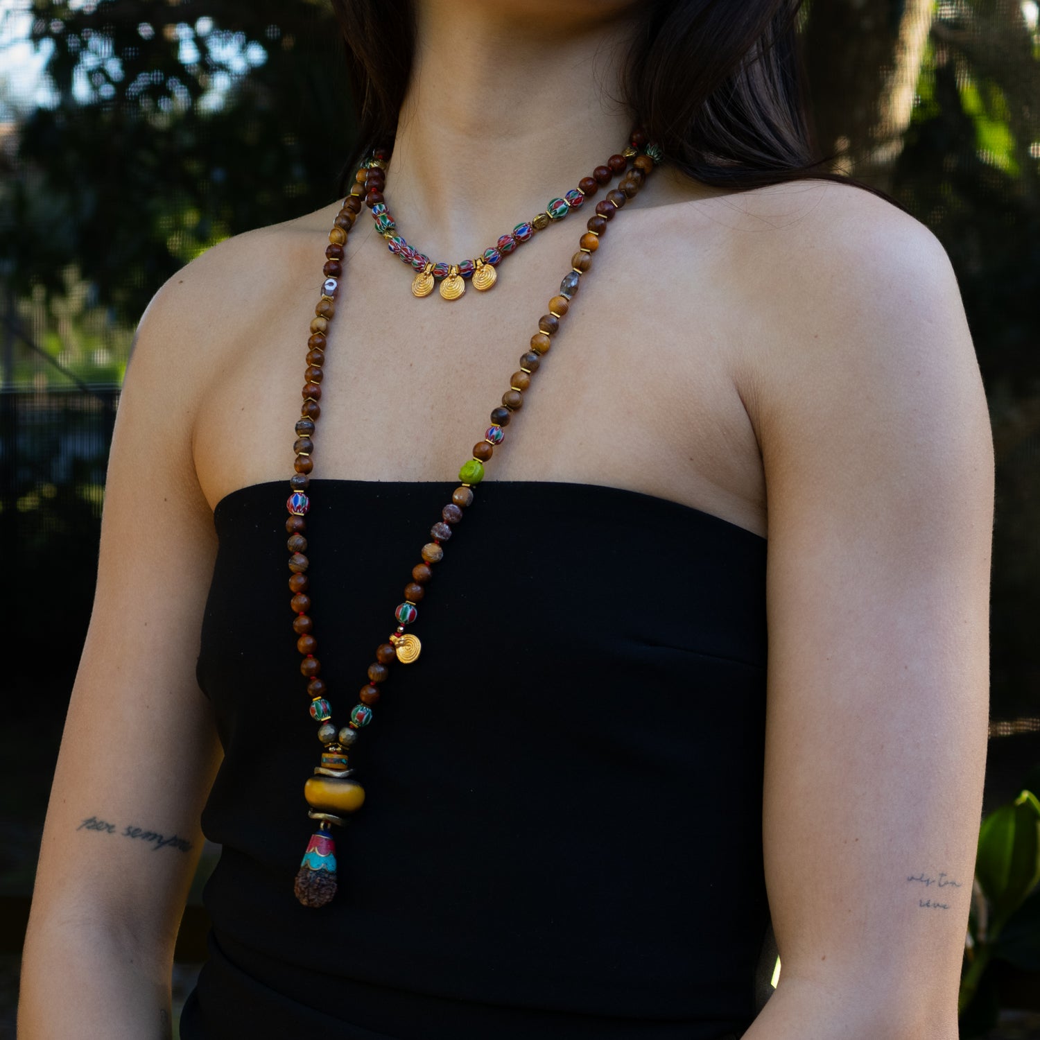 Mindful Meditation Necklace with Red Coral, African Beads, and Lapis Turquoise Pendant for Spiritual Balance