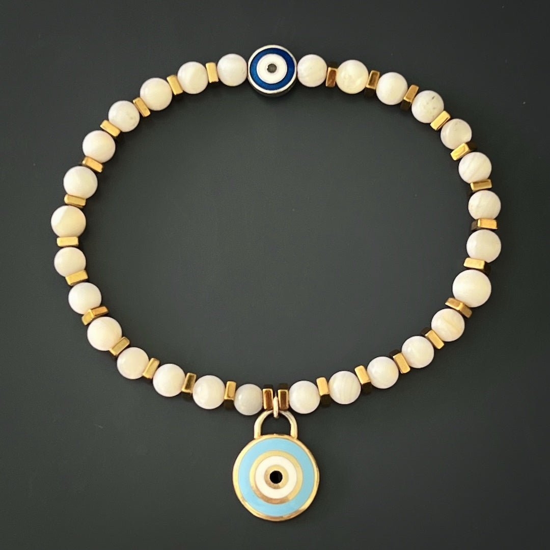 Protective Agate Evil Eye Anklet; handmade with white agate beads and sterling silver evil eye bead