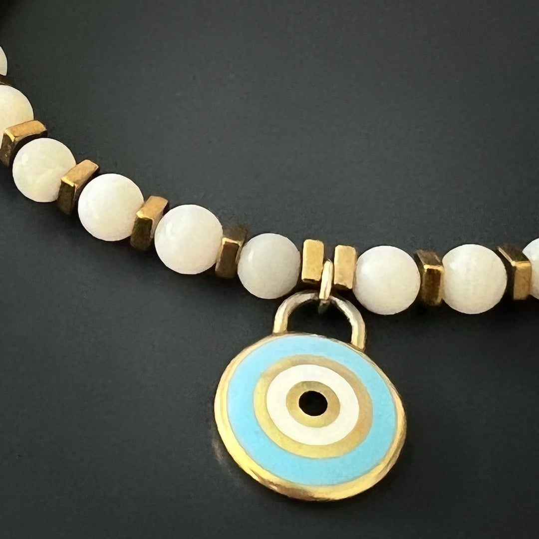 Meaningful Agate Evil Eye Anklet; handmade with white agate beads and a sterling silver and enamel evil eye charm