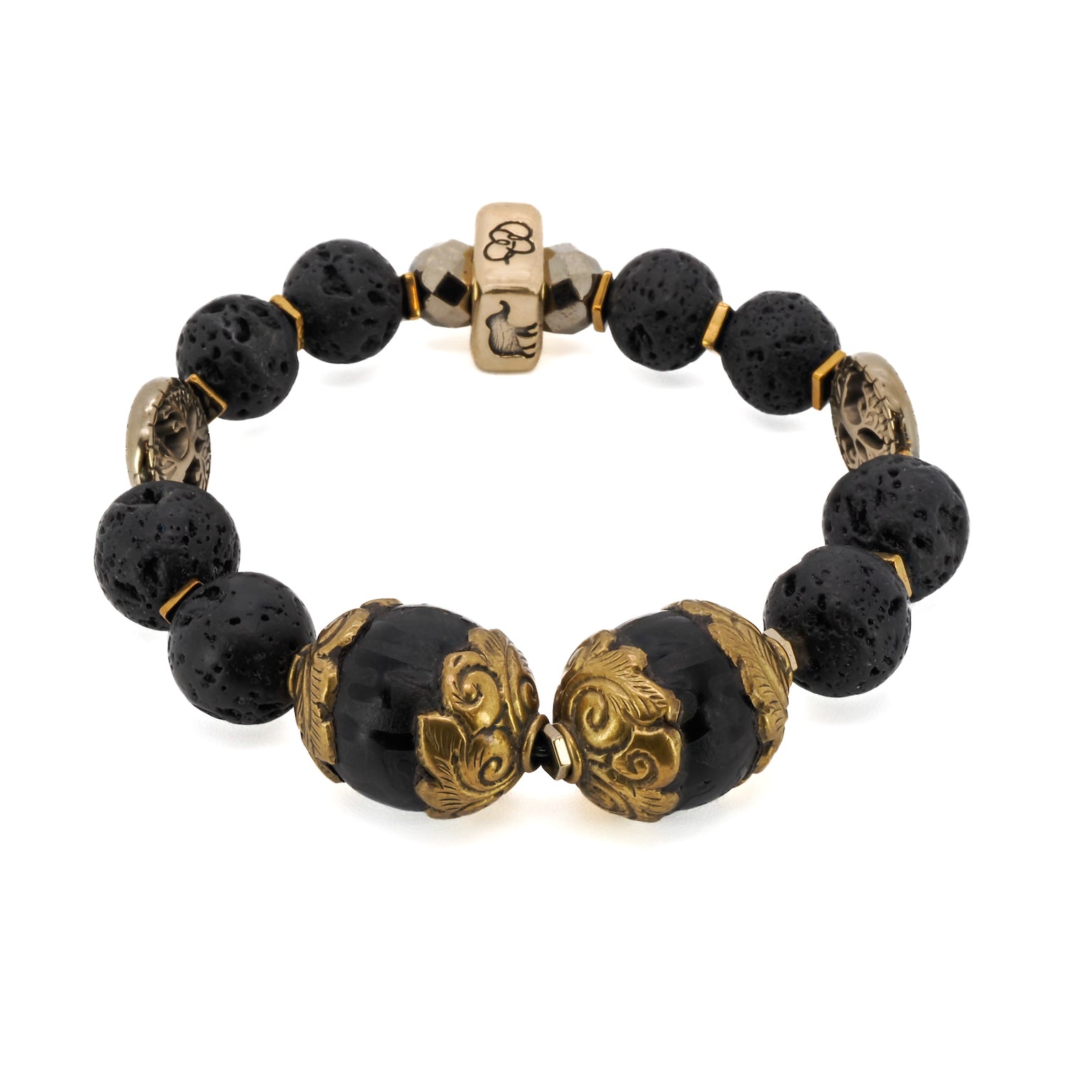 Black Nepal Talisman Bracelet with Lava Rock Stones and Nepal Mantra Beads.