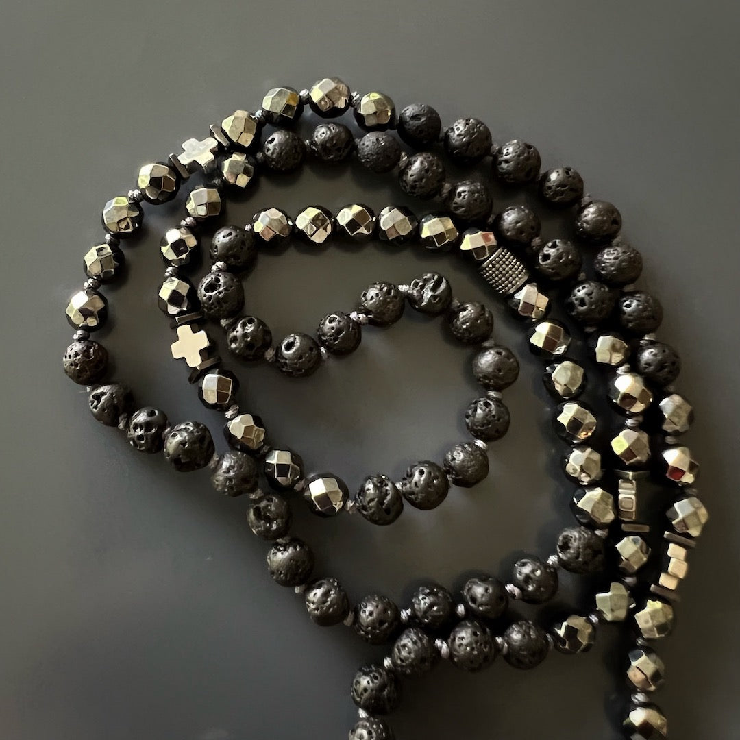 Unique Gothic Necklace with Lava Rock and Hematite Beads