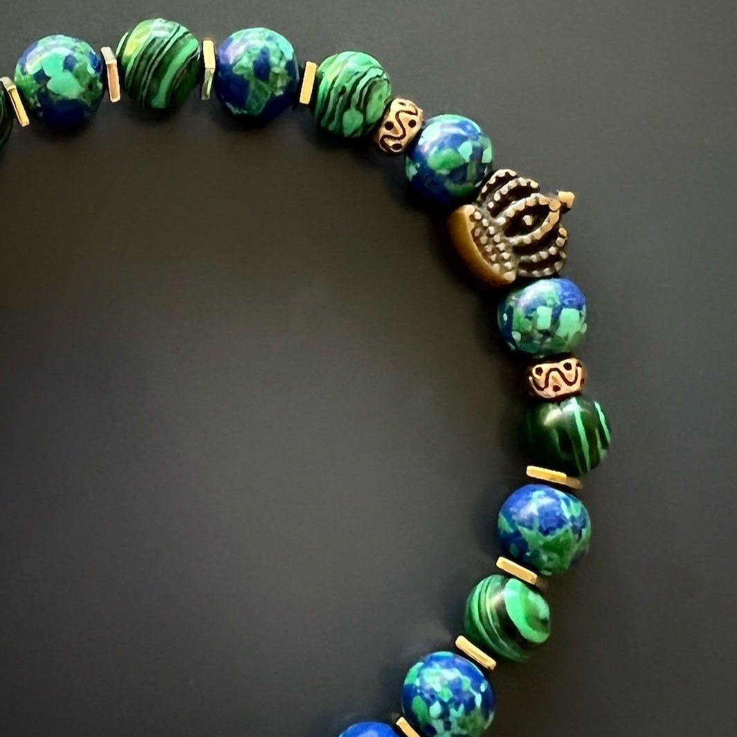 Gold hematite spacers add a touch of elegance to the bracelet