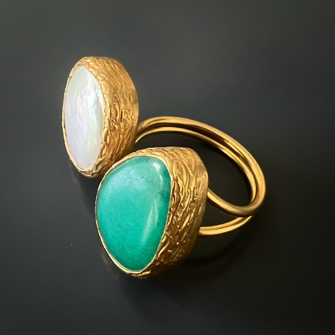 Unique and adjustable Double Gemstone Gaia Ring in brass with 24k gold plating, adorned with jade and pearl stones.