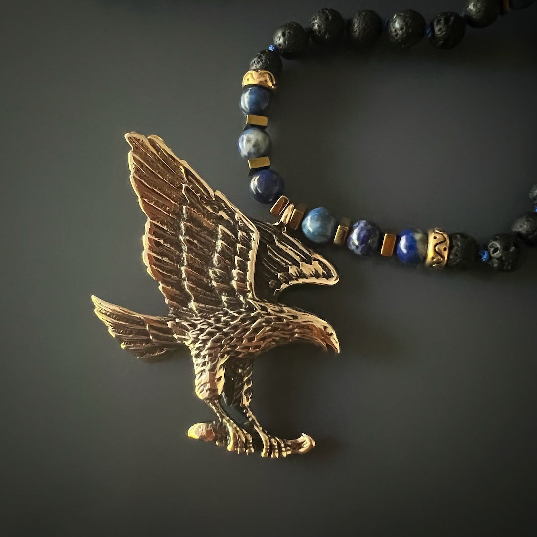 Unique Eagle Pendant Necklace with healing Lava Rock and Lapis Lazuli beads, a symbol of freedom and connection to the earth.