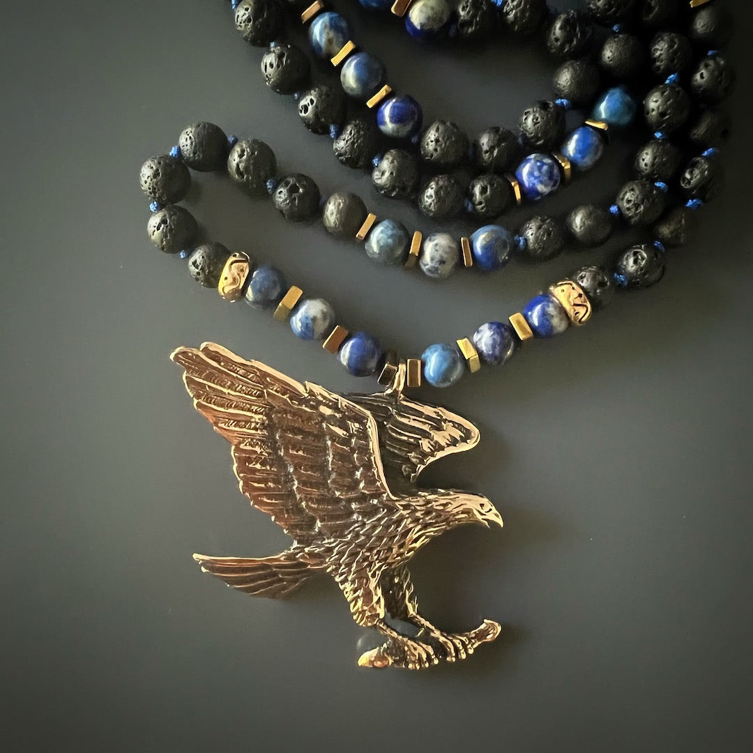 Powerful Spirit Animal Eagle Bronze Pendant Beaded Necklace