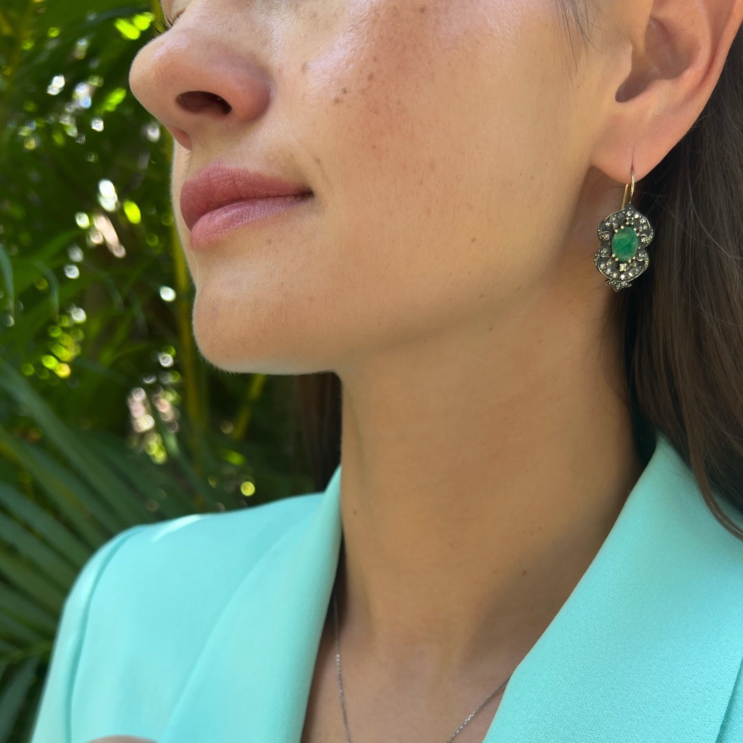 Model Wearing Vintage Diamond Emerald Earring - Embracing elegance and sophistication.