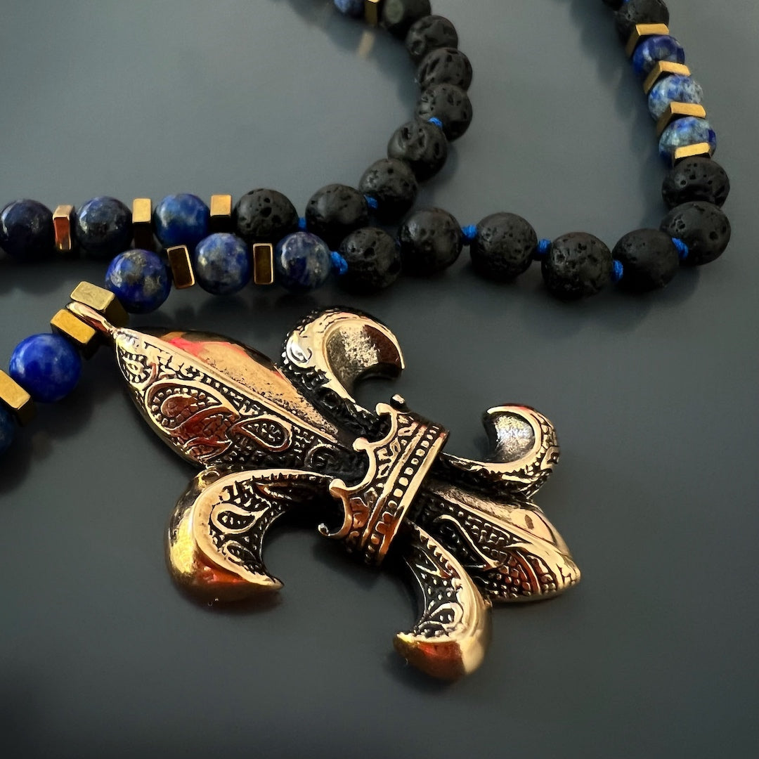 Fleur de Lis Unique Necklace - Handcrafted with Lava Rock and Lapis Lazuli Stone Beads and a Bronze Pendant.