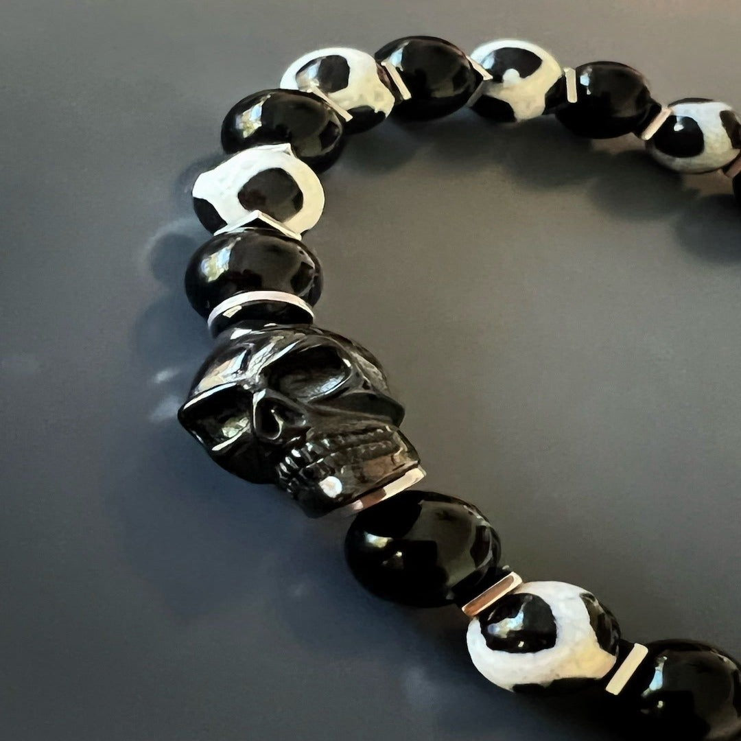 Gambler's Lucky Dice Skull Bracelet - Handcrafted with Black Onyx and Nepal agate beads, featuring a black steel skull accent bead for a bold and edgy look.