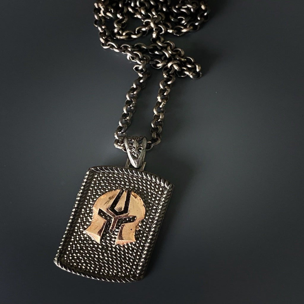 Sterling Silver Men's Necklace - Luxurious necklace designed for men, showcasing a rhodium and rose gold plated gladiator helmet pendant on a sterling silver chain.