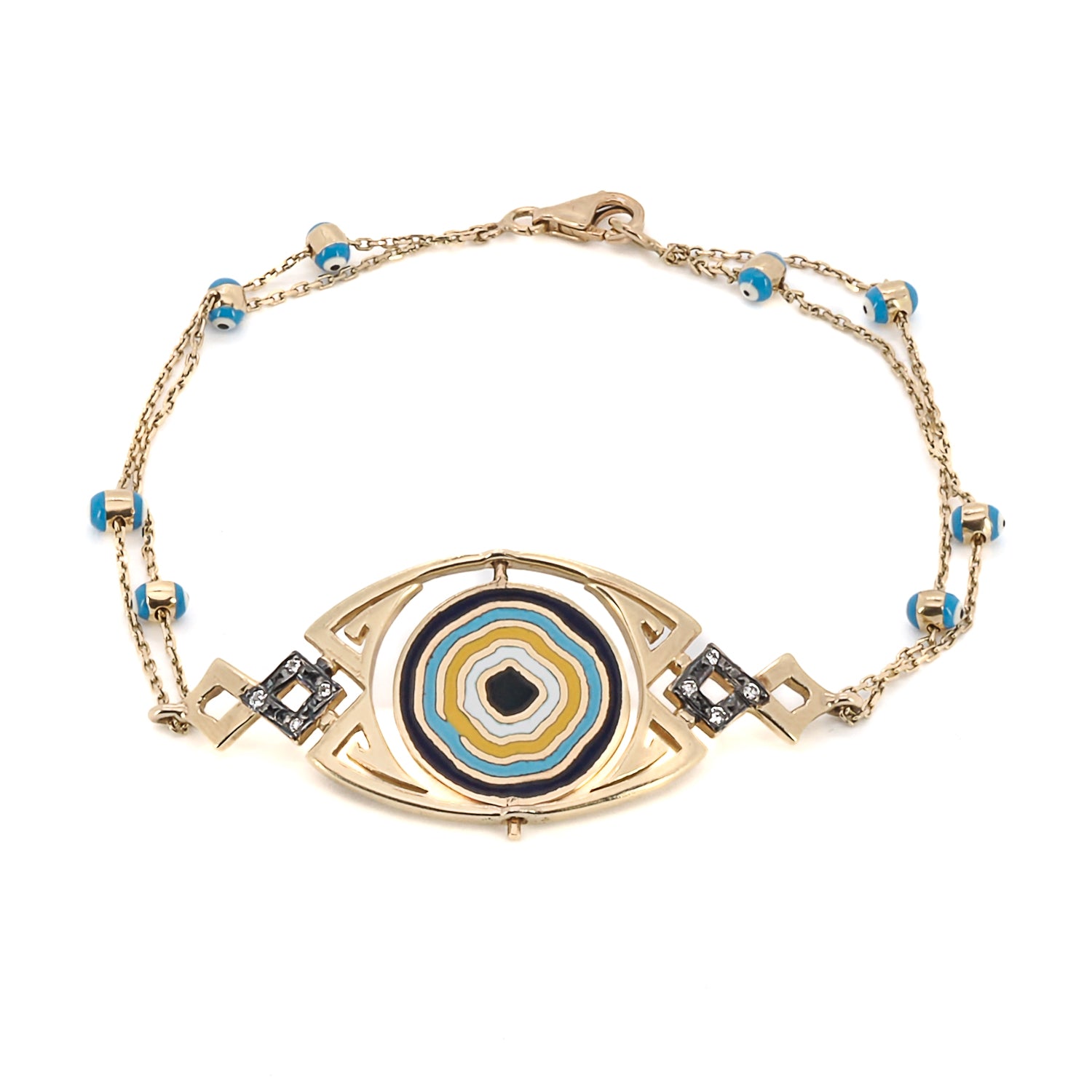 Gold and Diamond Lucky Evil Eye Bracelet - Handmade 14k yellow gold bracelet adorned with diamonds and blue enamel Evil Eye, exuding elegance and charm.