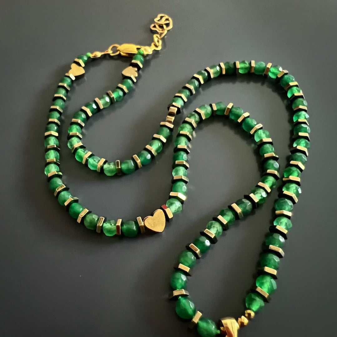Green Jade Beaded Choker Necklace - A stylish image displaying the lush green jade stone beads of the Good Fortune Tarot Necklace, creating a soothing and uplifting vibe.