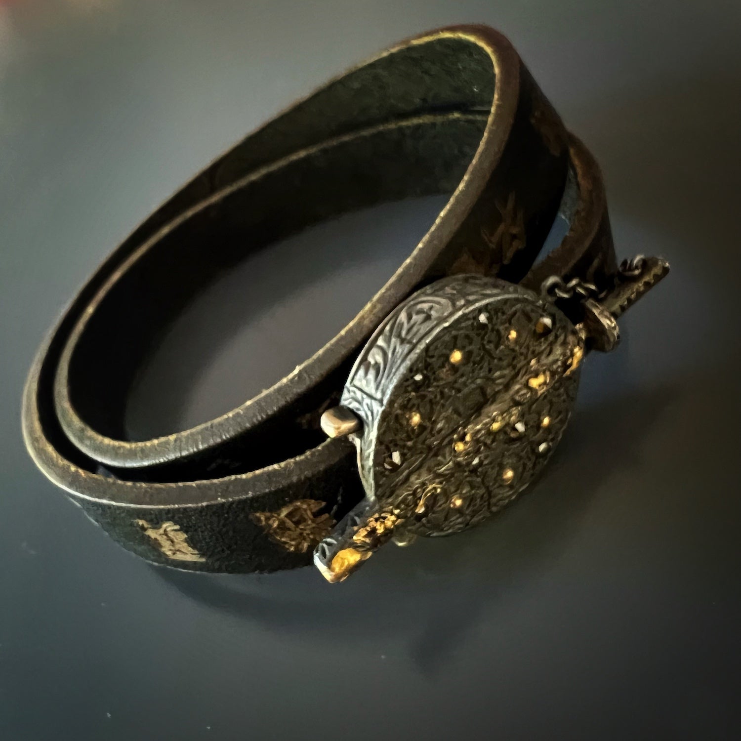 Bushido Symbol Bracelet with Diamonds - Elevate your style with this meaningful bracelet showcasing the Bushido symbol, meticulously engraved on a leather double wrap bracelet, and accented with sparkling diamonds for a touch of luxury.