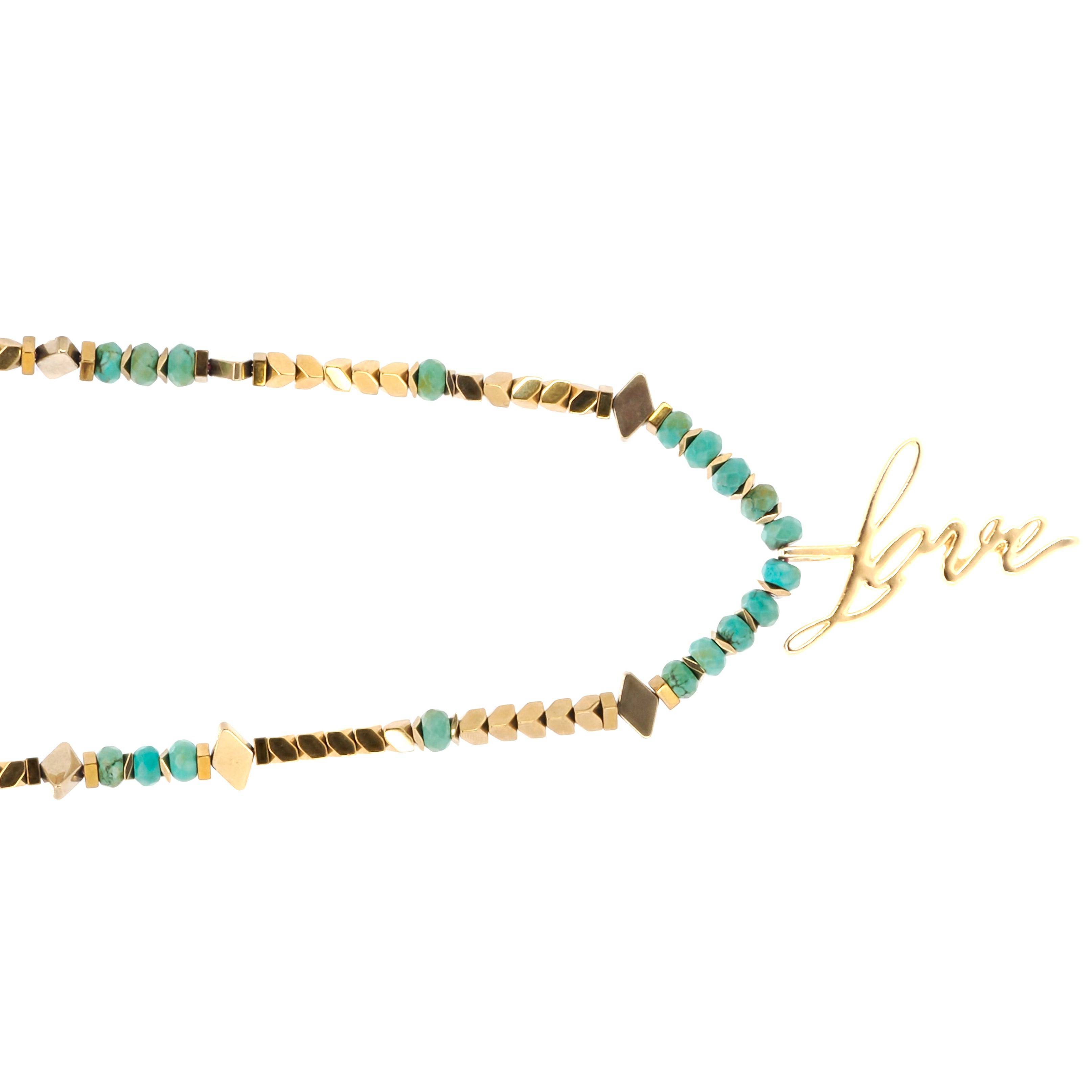 Elevate your style with the Love Charm Necklace, showcasing the perfect blend of green crystal beads, hematite spacers, and a love pendant.