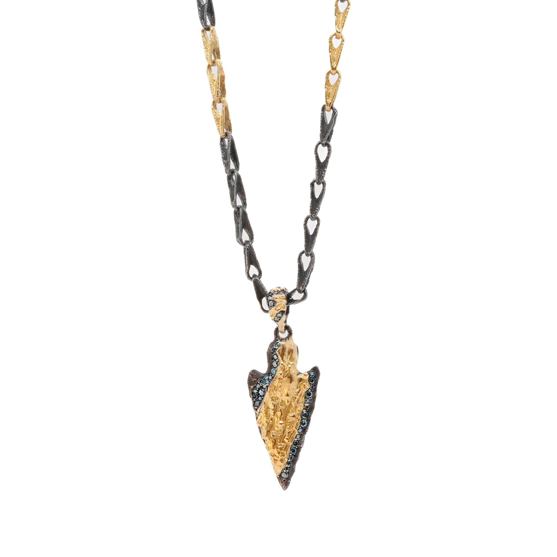 Nature Arrow Necklace featuring a unique handmade design crafted from high-quality 21k gold over silver, adorned with 0.7 crt petroleum diamonds.