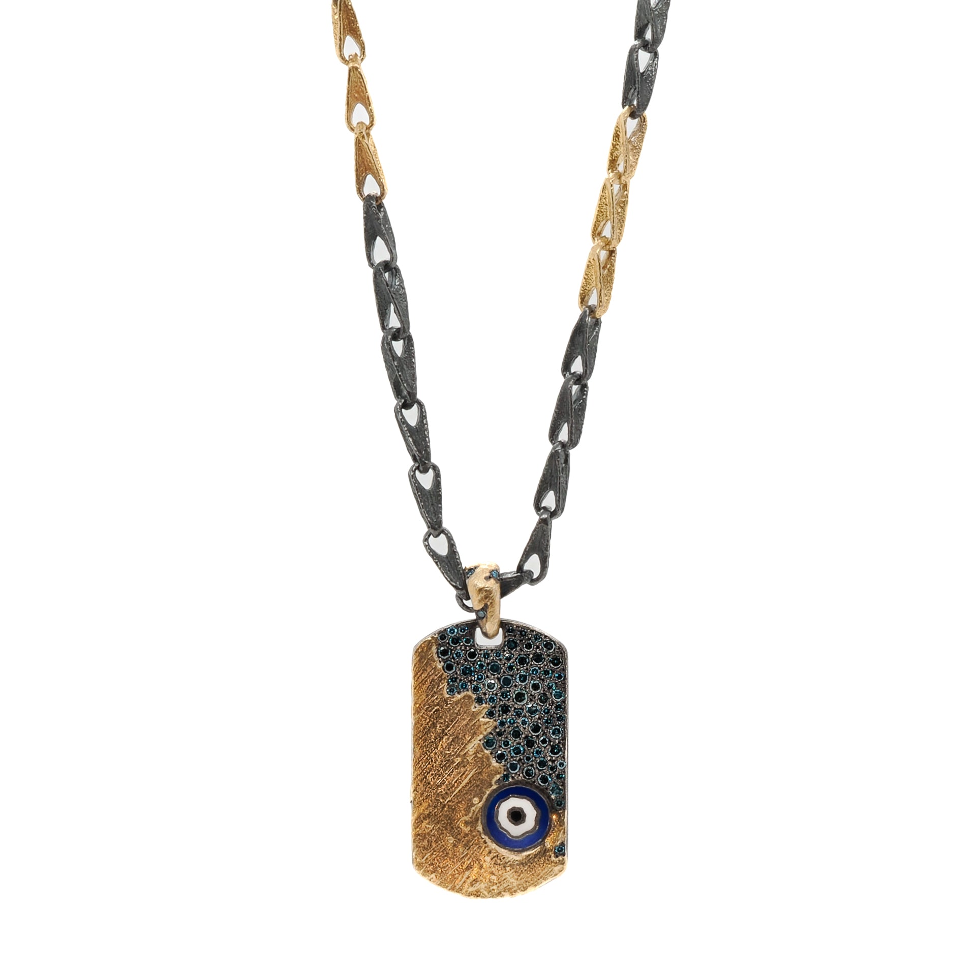 Nature Dog Tag Evil Eye Necklace featuring a unique handmade design crafted with a 21k gold over silver surface and adorned with 1.35 carats of petroleum diamonds.
