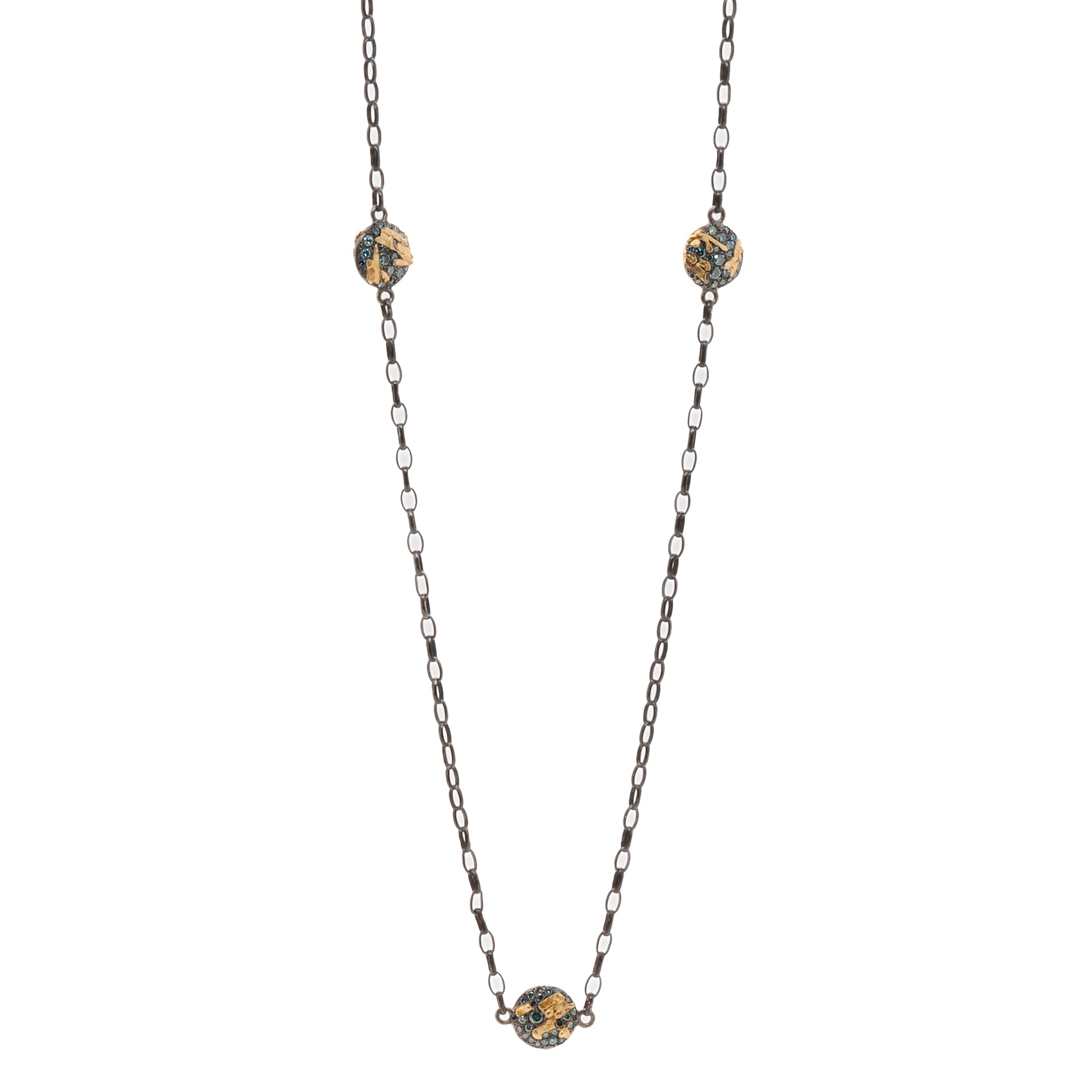 Nature Round Link Necklace featuring a stunning handmade design crafted with 21k gold over silver surface and adorned with 1.90 carats of petroleum diamonds.