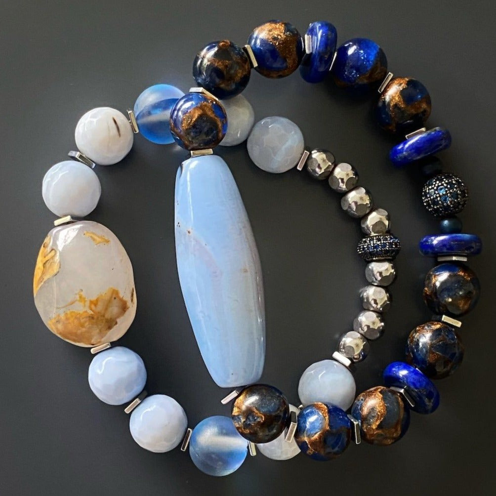 Embrace the tranquility of the Ocean Inner Peace Bracelet Set, adorned with light blue lace agate and Swarovski crystal beads.